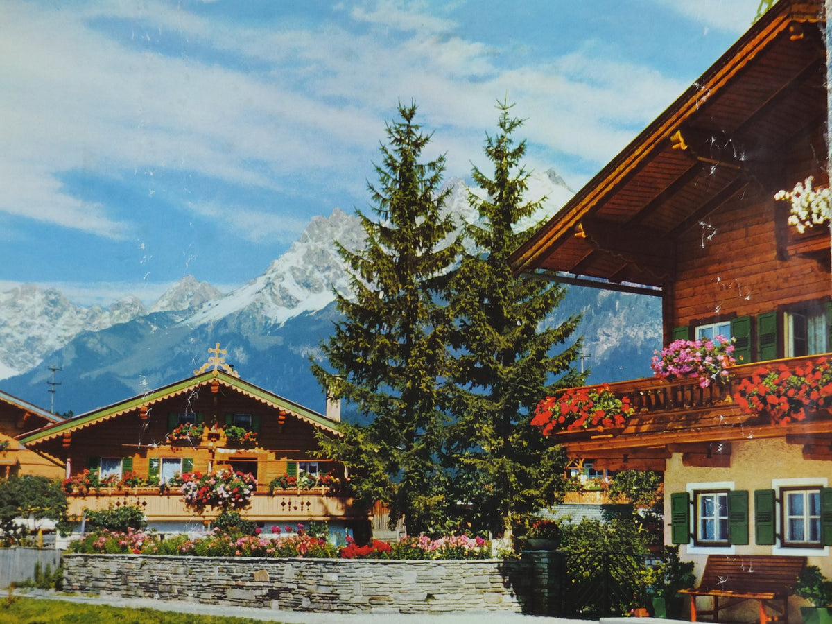 St Johann Austrian Ski Resort Poster, Tyrol, Wilder Kaiser mountains, Kitzbüheler Horn, travel tourism skiing, wall art decor, 1970s