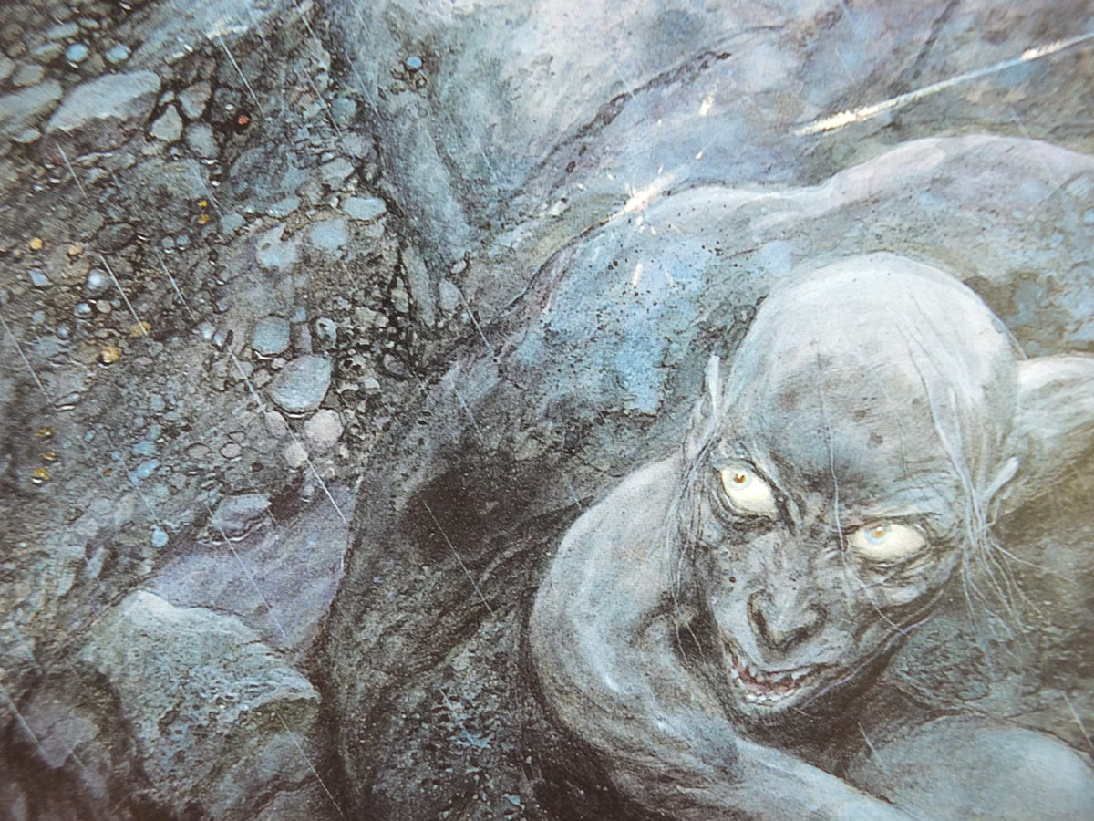 Vintage Gollum flees the elves of Mirkwood by John Howe Poster, Tolkien, Lord of the Rings, illustration print, wall art decor