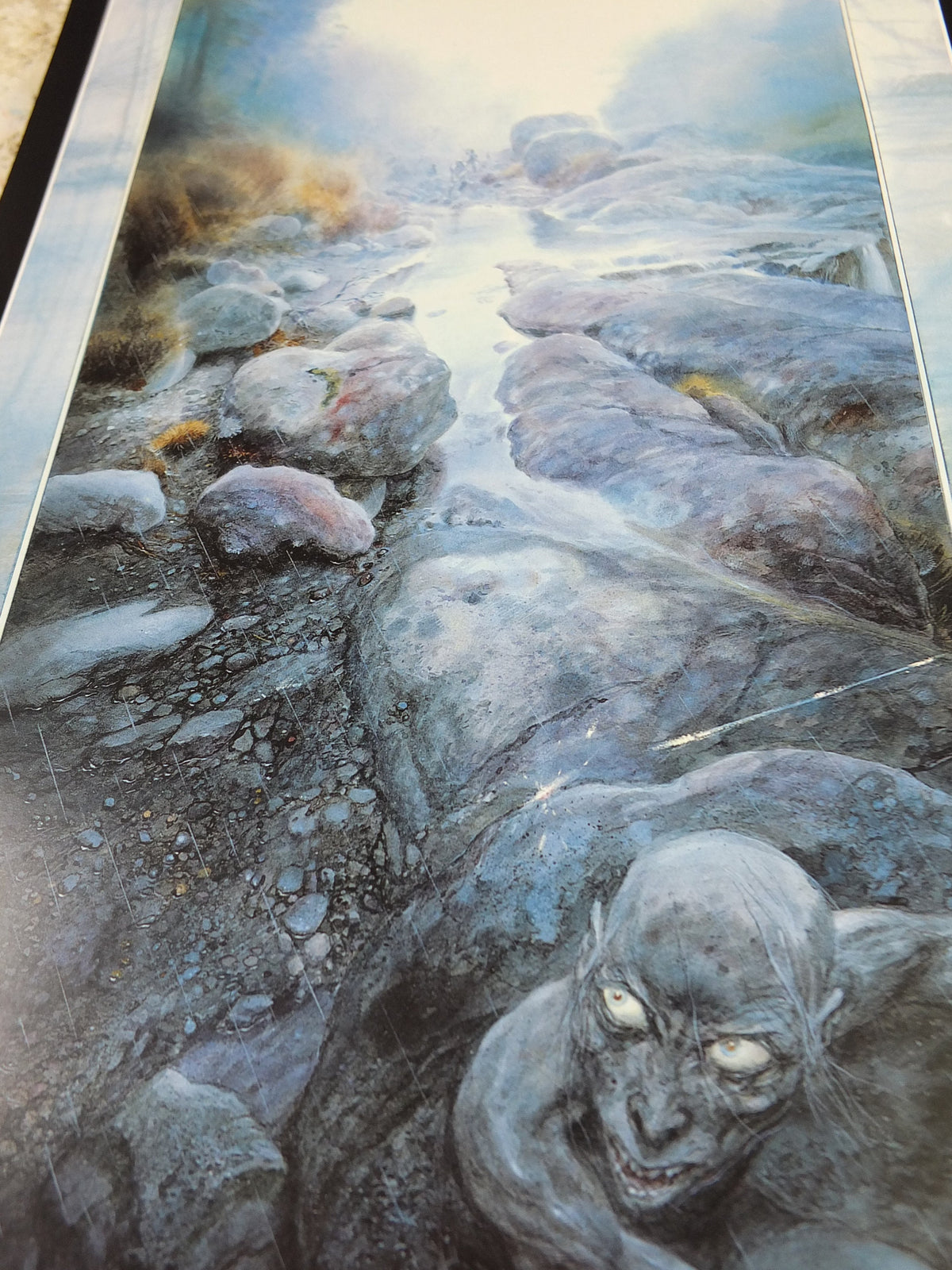 Vintage Gollum flees the elves of Mirkwood by John Howe Poster, Tolkien, Lord of the Rings, illustration print, wall art decor