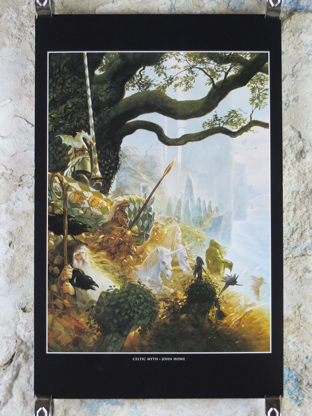 Vintage Celtic Myth by John Howe Poster, Fantasy, unicorn, wizard, knight, fairy, stone ring, illustration print, wall art decor