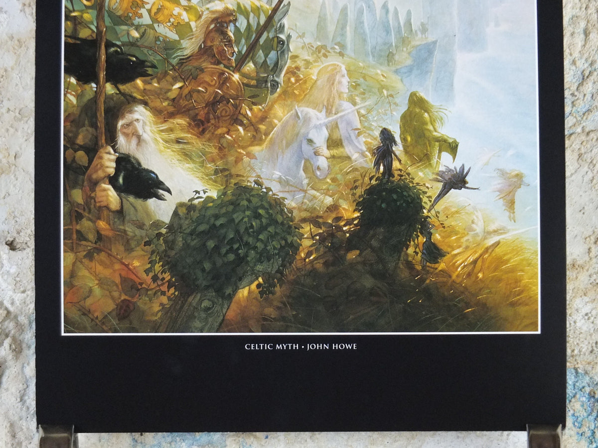 Vintage Celtic Myth by John Howe Poster, Fantasy, unicorn, wizard, knight, fairy, stone ring, illustration print, wall art decor