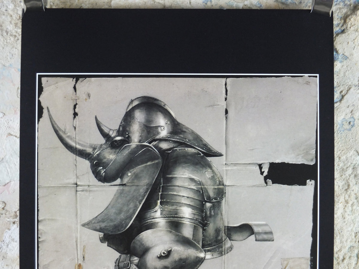 Vintage Rhino Armour by John Howe Poster, Fantasy, Rhinoceros, illustration print, wall art decor