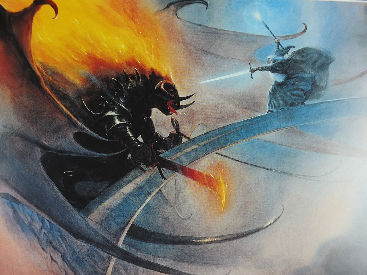 Vintage Gandalf and The Balrog by John Howe Poster, Tolkien, Lord of the Rings, Fellowship of the Ring, illustration print, wall art decor