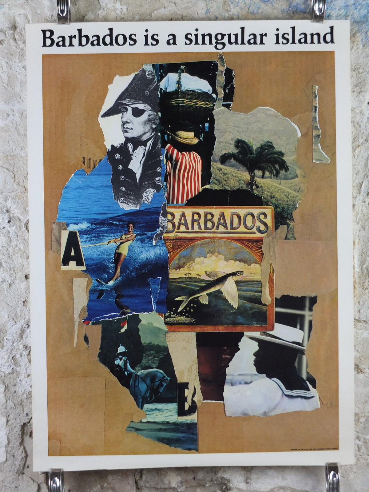 1967 Barbados Travel Poster, Barbados is a Singular Island, montage and collage of history, travel tourism, wall art decor