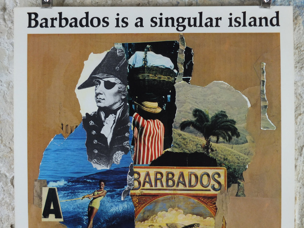 1967 Barbados Travel Poster, Barbados is a Singular Island, montage and collage of history, travel tourism, wall art decor