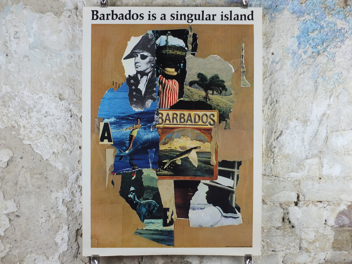 1967 Barbados Travel Poster, Barbados is a Singular Island, montage and collage of history, travel tourism, wall art decor