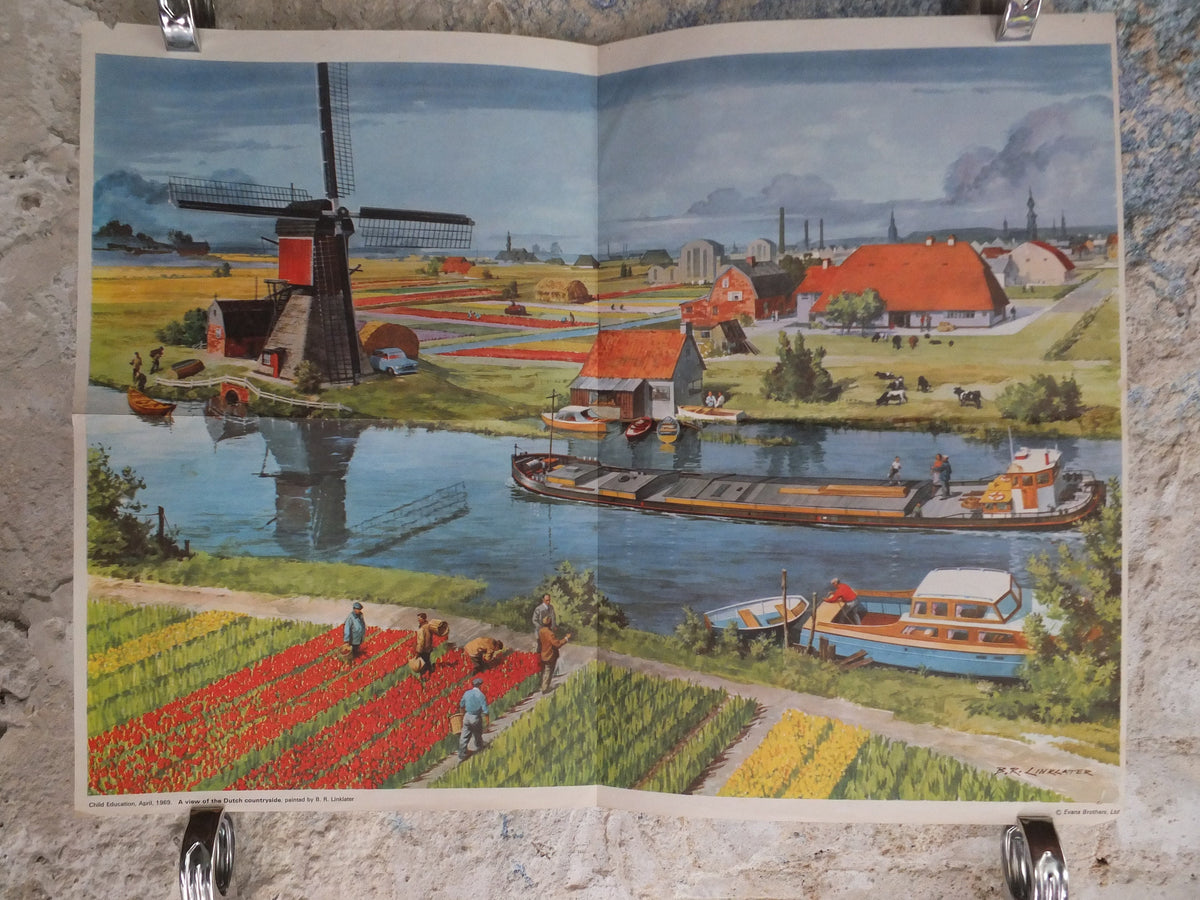 Original Vintage British Child Education Dutch Barge Canal Windmill tulips flowers mid century print wall art Linklater 1969 1960s