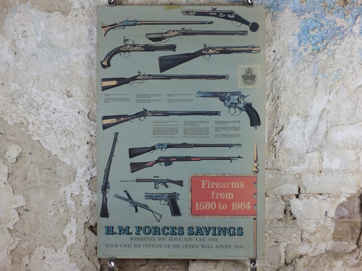 1964 HM Forces Savings Poster, Firearms from 1580 to 1964, British antique guns, muskets and rifles, original , wall art decor, retro