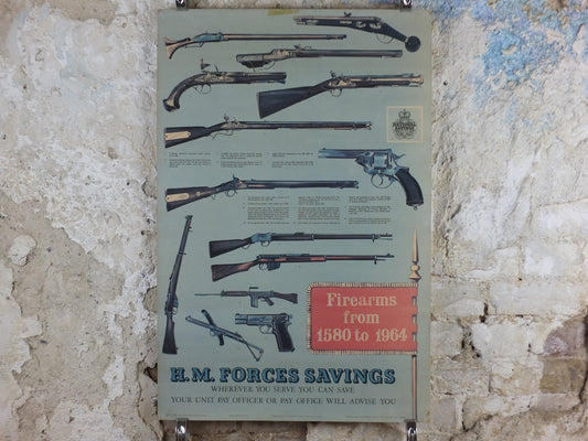 1964 HM Forces Savings Poster, Firearms from 1580 to 1964, British antique guns, muskets and rifles, original , wall art decor, retro