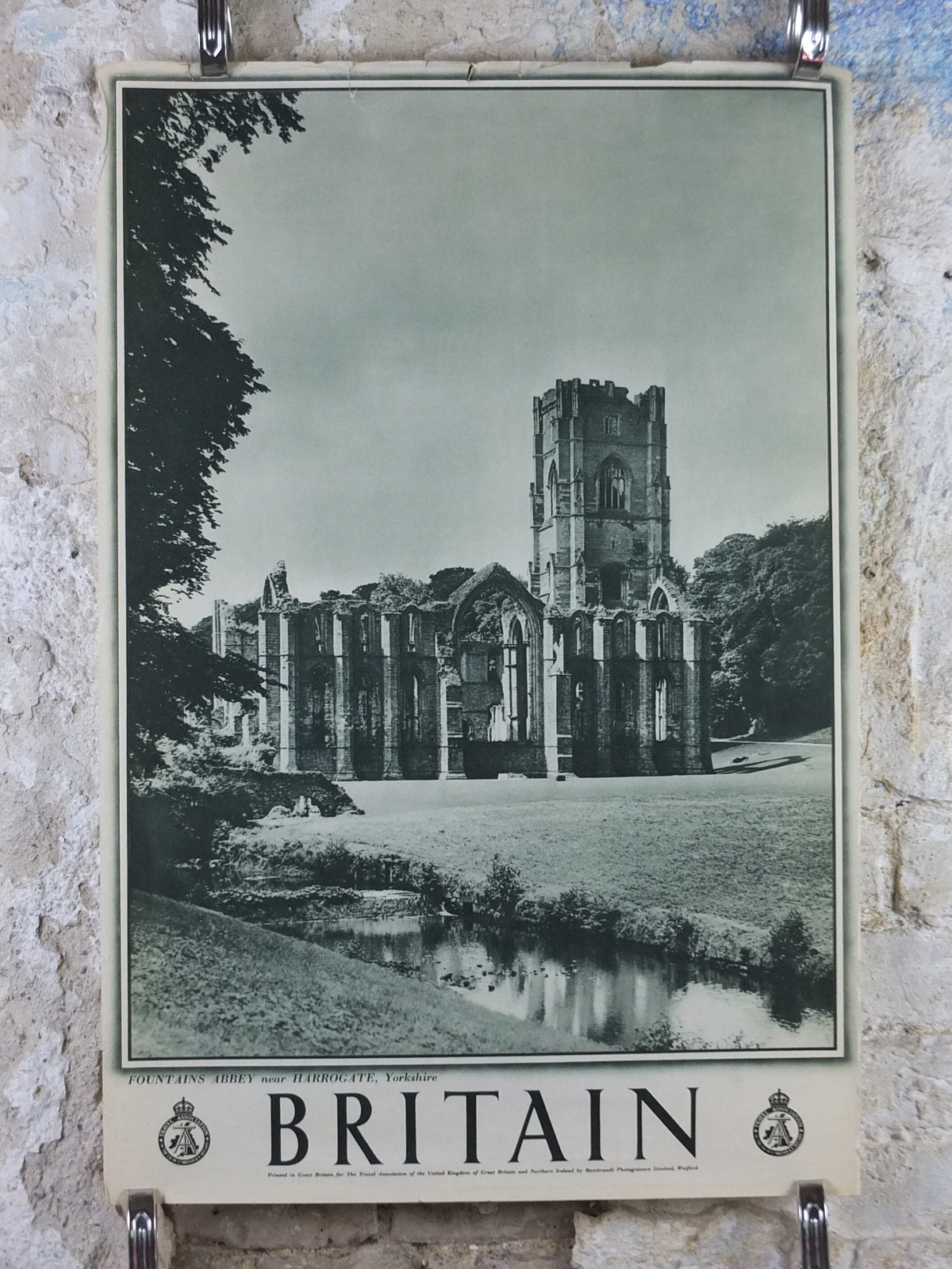1947 Fountains Abbey Britain Poster, Harrogate Yorkshire, Travel Association United Kingdom, travel tourism holiday vacation wall art decor