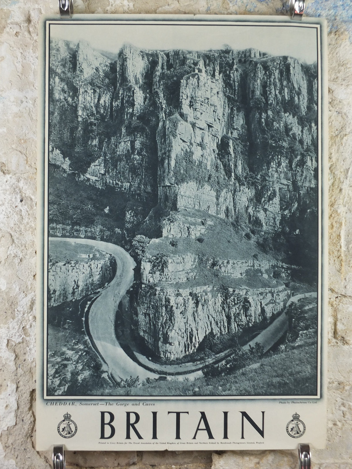 1947 Cheddar Gorge Britain Poster, Somerset caves, Travel Association United Kingdom, travel tourism, holiday vacation wall art decor