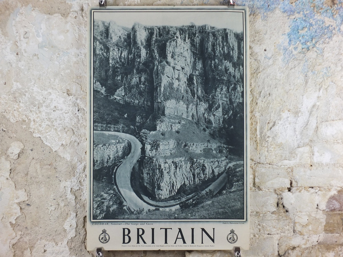 1947 Cheddar Gorge Britain Poster, Somerset caves, Travel Association United Kingdom, travel tourism, holiday vacation wall art decor