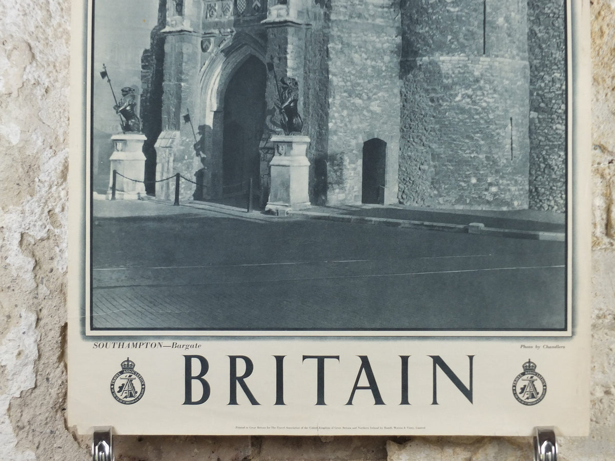1947 Southampton Bargate Britain Poster, Gatehouse, Travel Association United Kingdom, travel tourism holiday vacation wall art decor