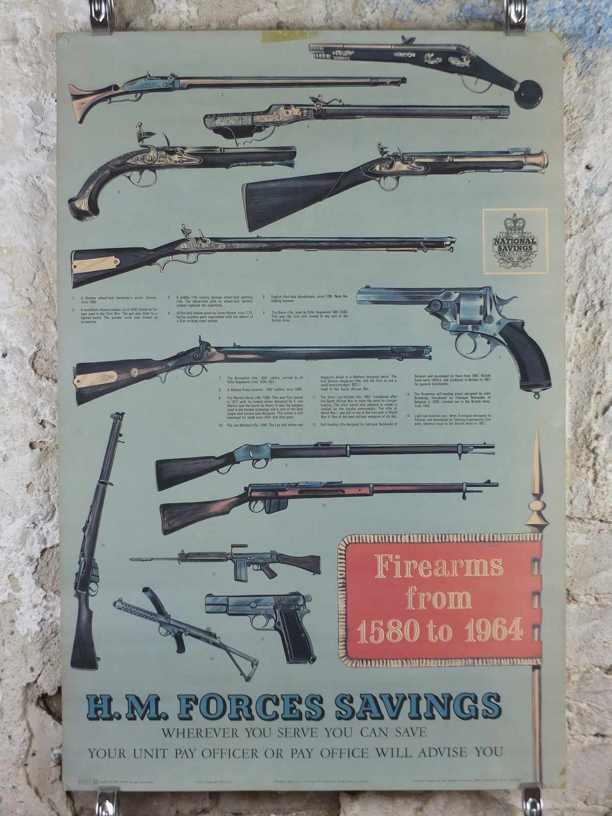 1964 HM Forces Savings Poster, Firearms from 1580 to 1964, British antique guns, muskets and rifles, original , wall art decor, retro