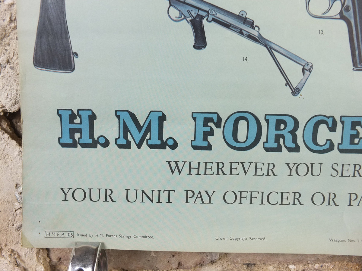 1964 HM Forces Savings Poster, Firearms from 1580 to 1964, British antique guns, muskets and rifles, original , wall art decor, retro