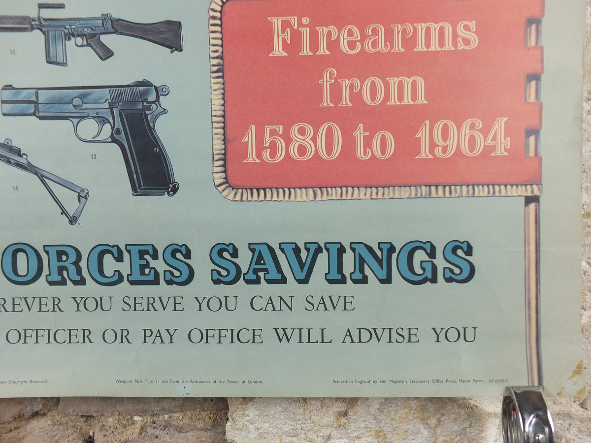 1964 HM Forces Savings Poster, Firearms from 1580 to 1964, British antique guns, muskets and rifles, original , wall art decor, retro