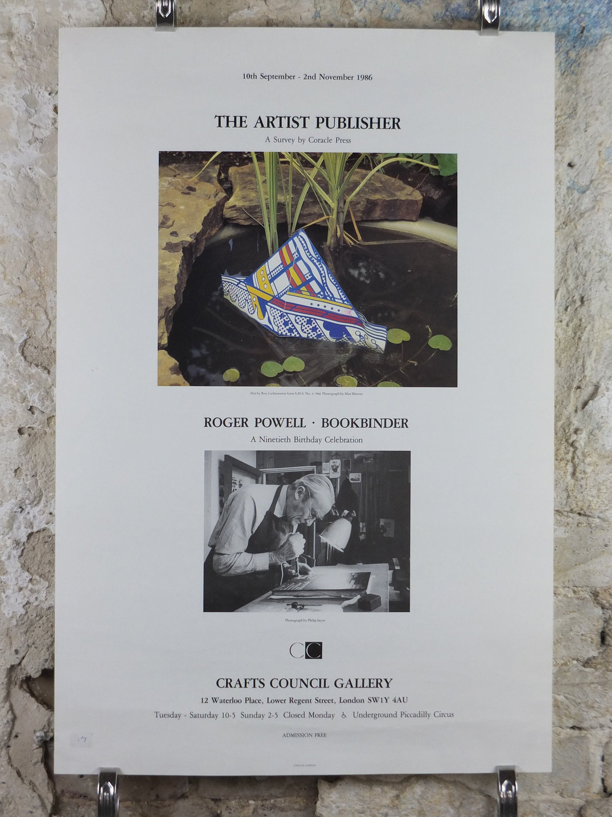 1986 Crafts Council Gallery London Poster, Roy Lichtenstein Paper Hat, Roger Powell, Bookbinder, gallery exhibition wall art decor