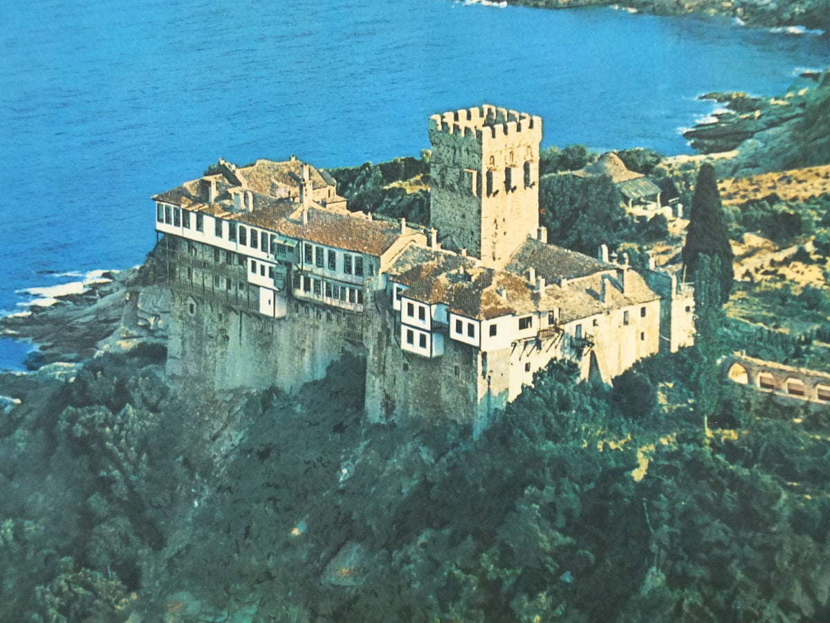 1969 Mount Athos Greece Travel Poster, Stavronikita Monastery, Orthodox St Nicholas, travel tourism, holiday vacation, wall art decor