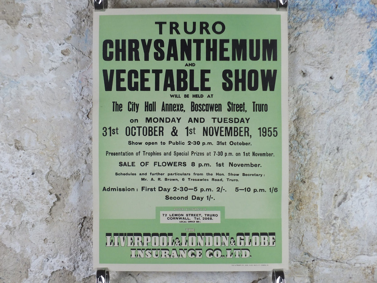1955 Truro Chrysanthemum and Vegetable Show Poster, Kitchenalia decoration, Garden botanical flora plants blooms, wall art decor