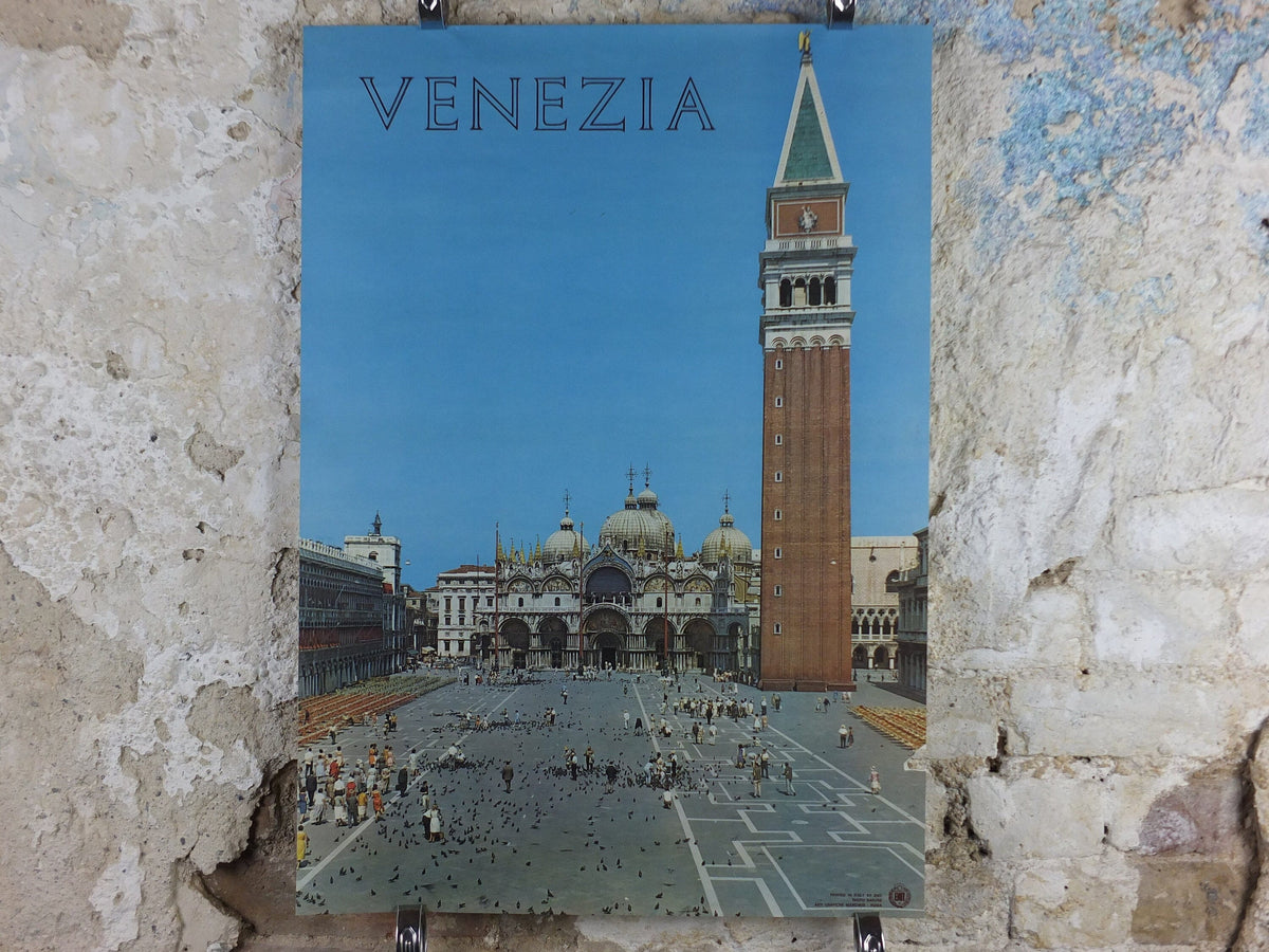 1950s Venice Travel Poster, St Marks Square, Piazza San Marco, Vintage Italian Venezia, travel tourism, holiday vacation, wall art decor