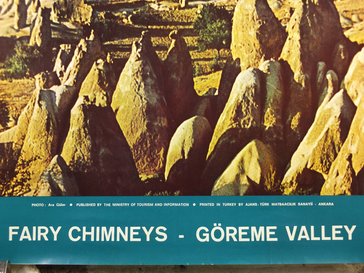 1960s Goreme Valley Turkey Travel Poster, Fairy Chimneys, Original Turkish, travel tourism, holiday vacation, wall art decor