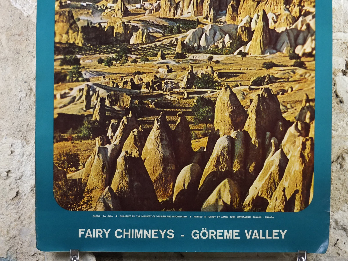 1960s Goreme Valley Turkey Travel Poster, Fairy Chimneys, Original Turkish, travel tourism, holiday vacation, wall art decor