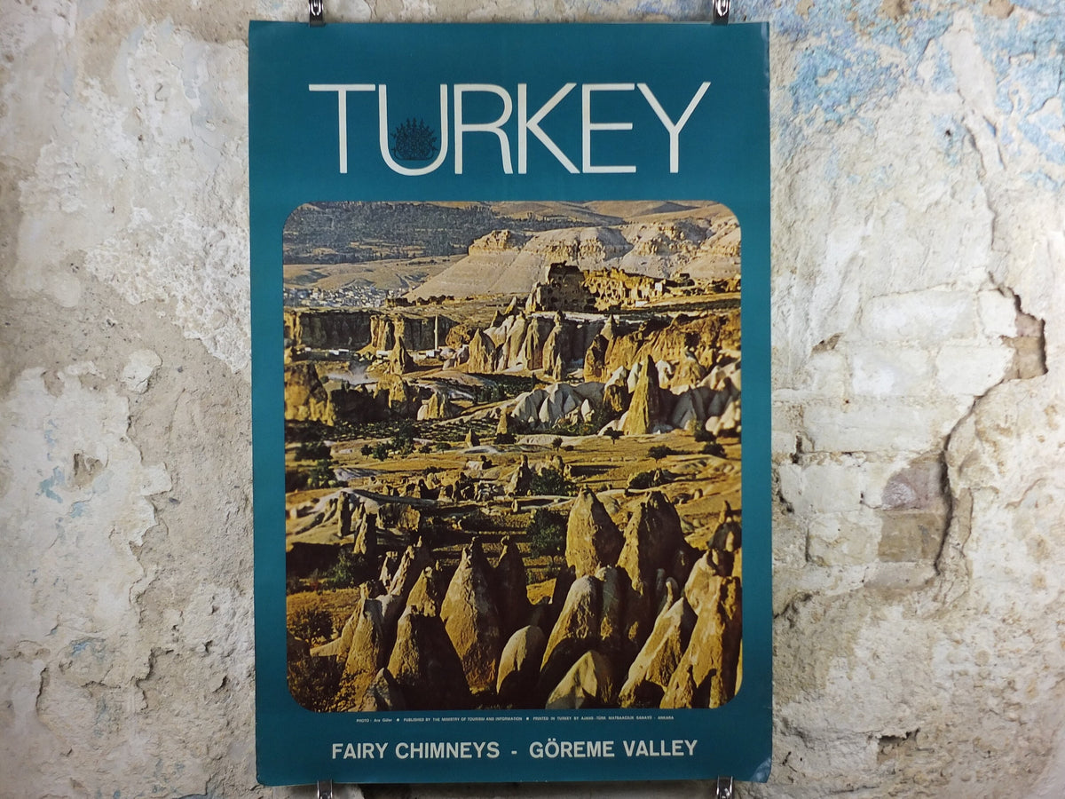 1960s Goreme Valley Turkey Travel Poster, Fairy Chimneys, Original Turkish, travel tourism, holiday vacation, wall art decor