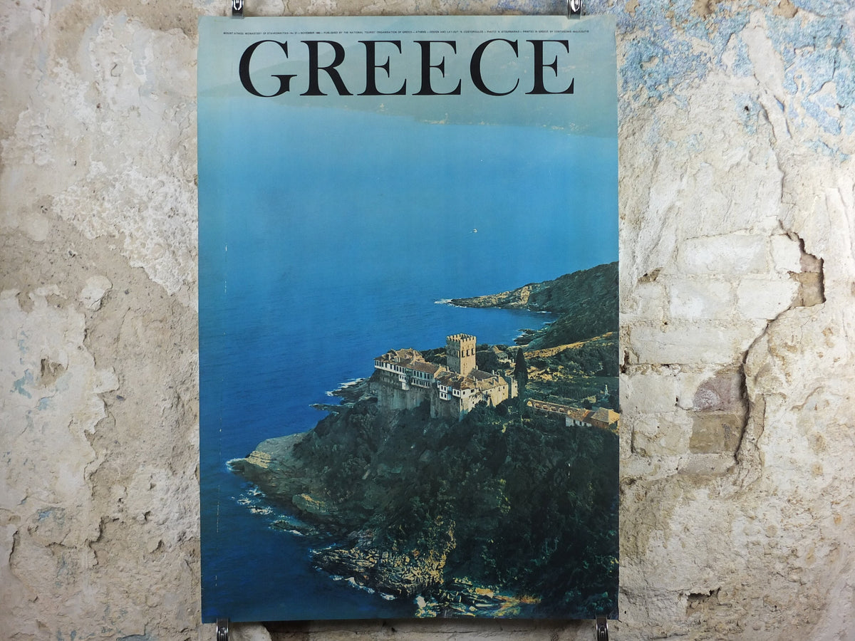 1969 Mount Athos Greece Travel Poster, Stavronikita Monastery, Orthodox St Nicholas, travel tourism, holiday vacation, wall art decor