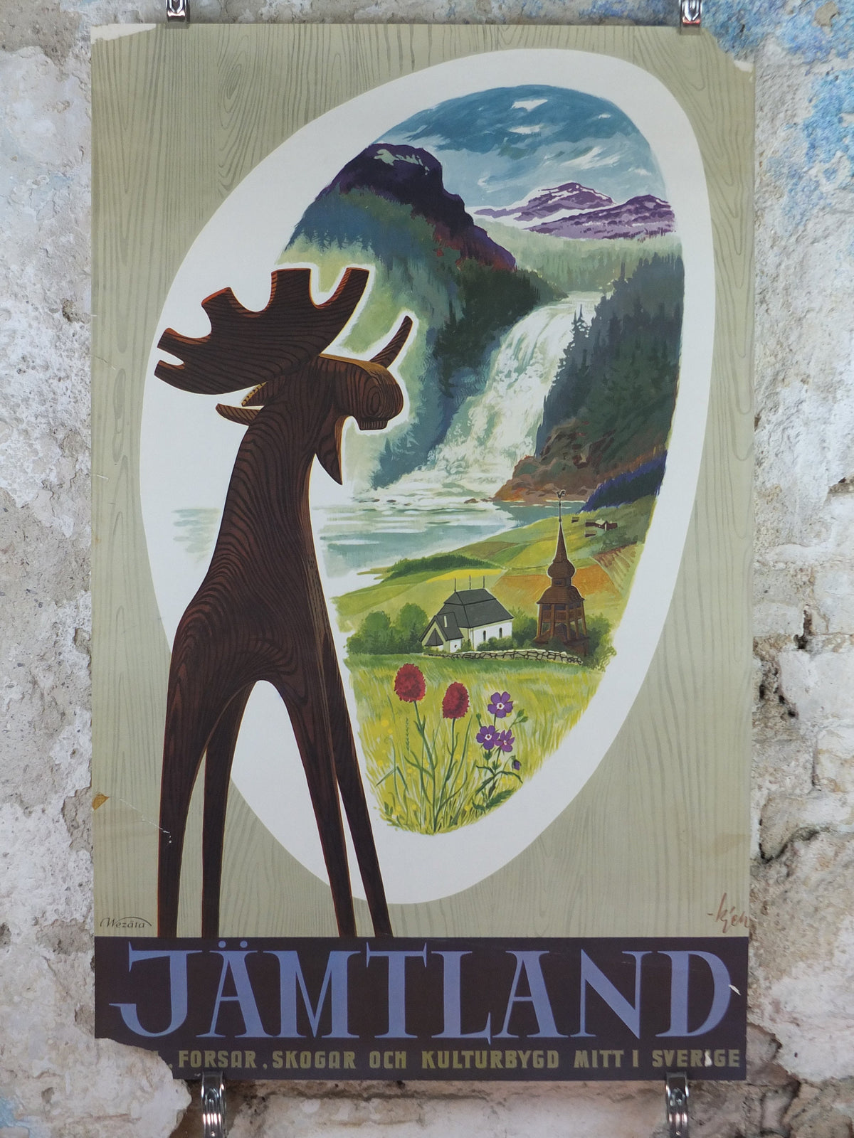 1955 Swedish Jamtland Travel Poster, the souvenir Jamtalgen wooden Moose, Jämtälgen, Sweden Jämtland tourism vacation wall art decor