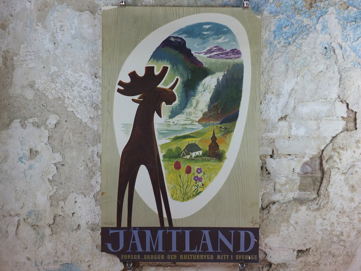 1955 Swedish Jamtland Travel Poster, the souvenir Jamtalgen wooden Moose, Jämtälgen, Sweden Jämtland tourism vacation wall art decor