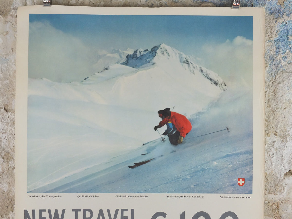 1950s Swiss Ski Travel Poster, Switzerland, Swiss National Tourist Office, Winter Holiday, travel tourism skiing vacation, wall art decor