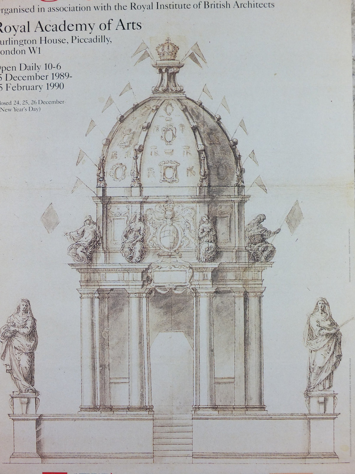 1989 Royal Academy of Arts Poster, Inigo Jones Architect, "Catafalque of James I Westminster Abbey" 1625 gallery exhibition, wall art decor