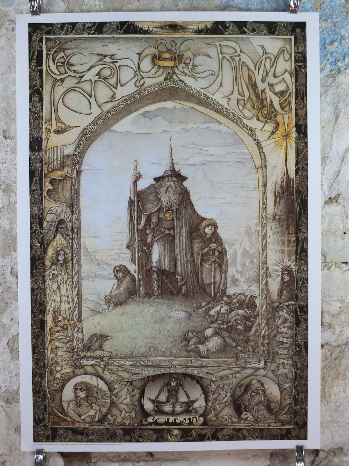 Vintage Lord of the Rings Tolkien Poster, by James Cauty 1988 reprint of 1976 original, featuring Gandalf, Frodo and Sam, JRR Tolkien, The Hobbit