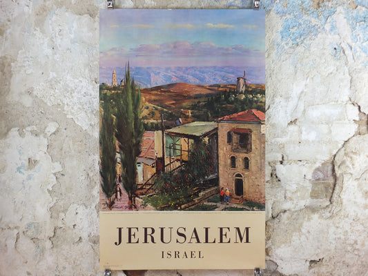 1960 Jerusalem Poster, Mountains of Moab, Israel by L Blum, Travel tourism vacation wall art decor