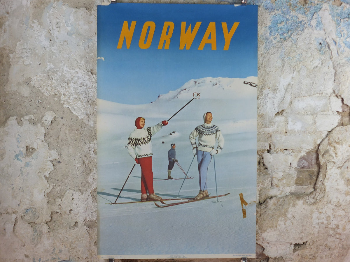 1958 Norway Skiing Poster, Ski and Winter Sports, Norway Travel Association & Norwegian State Railways, tourism vacation wall art decor