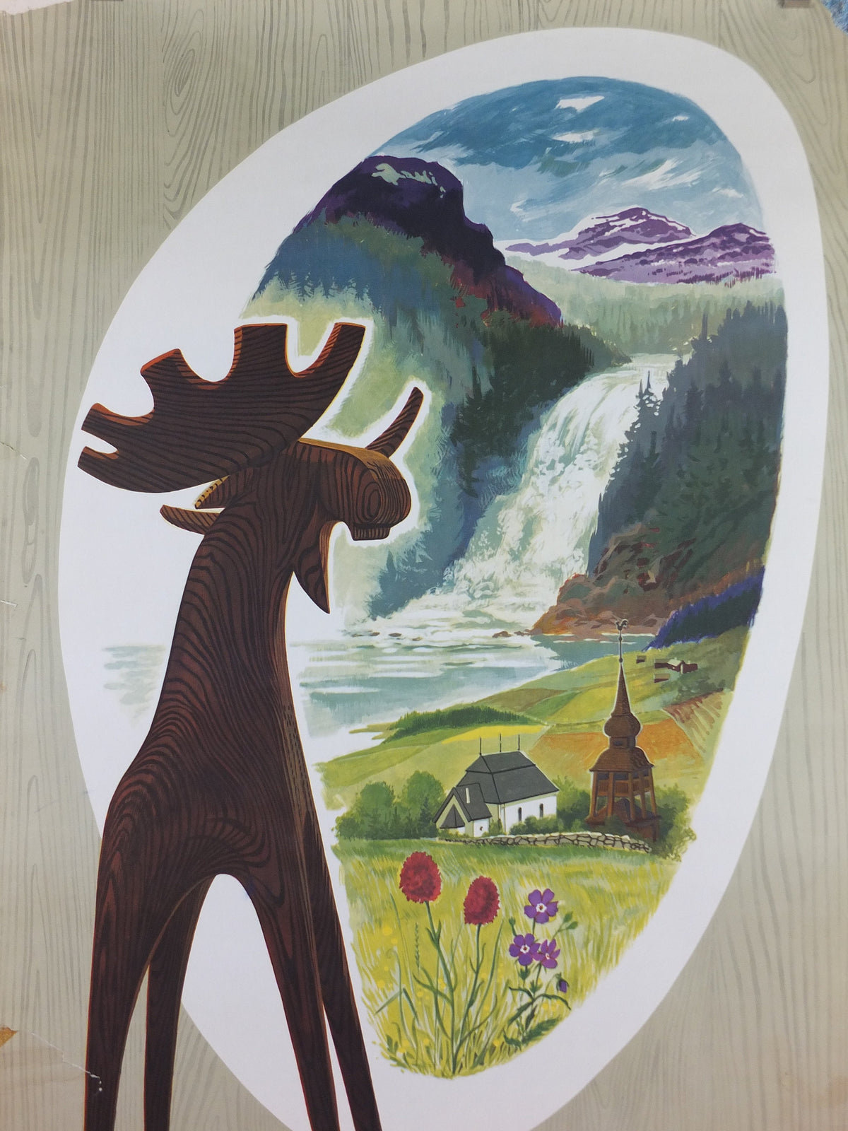 1955 Swedish Jamtland Travel Poster, the souvenir Jamtalgen wooden Moose, Jämtälgen, Sweden Jämtland tourism vacation wall art decor