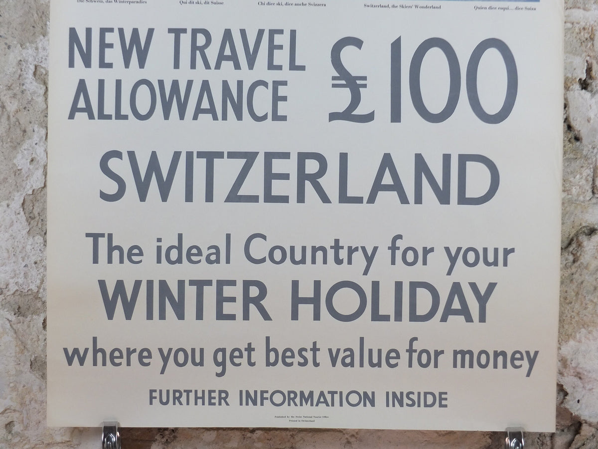 1950s Swiss Ski Travel Poster, Switzerland, Swiss National Tourist Office, Winter Holiday, travel tourism skiing vacation, wall art decor
