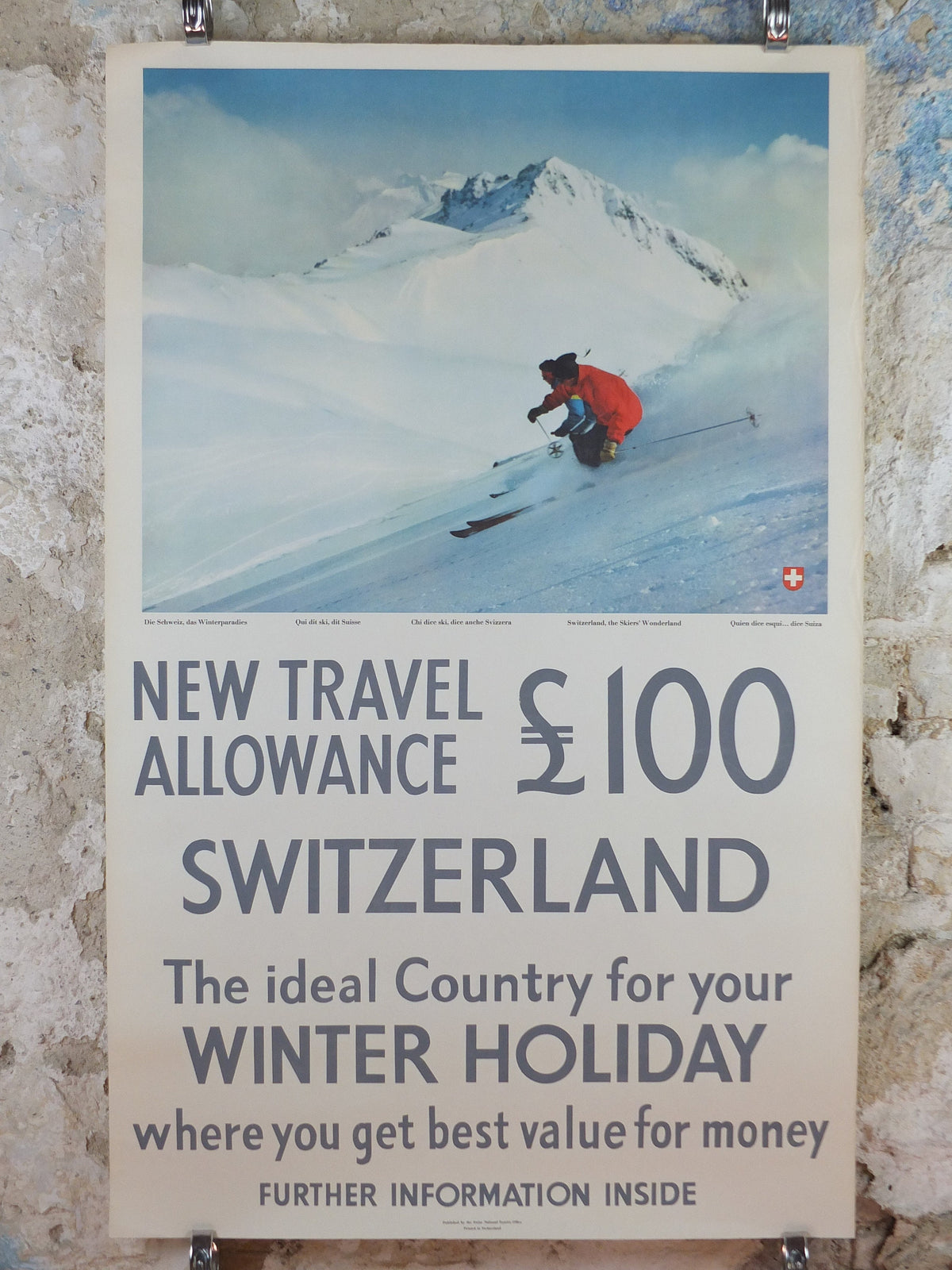 1950s Swiss Ski Travel Poster, Switzerland, Swiss National Tourist Office, Winter Holiday, travel tourism skiing vacation, wall art decor