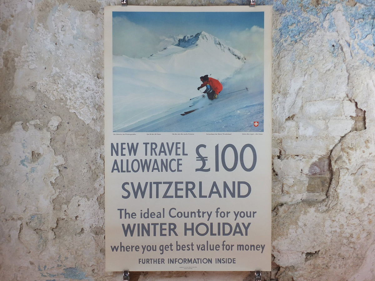 1950s Swiss Ski Travel Poster, Switzerland, Swiss National Tourist Office, Winter Holiday, travel tourism skiing vacation, wall art decor