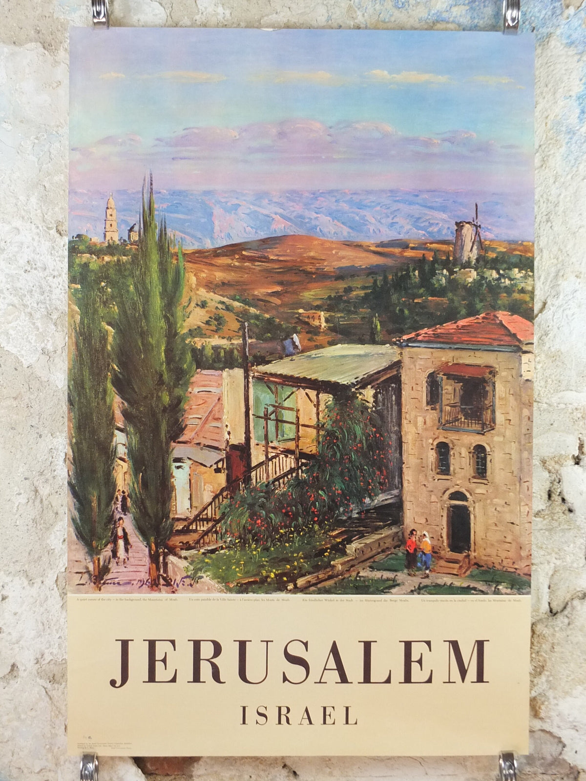 1960 Jerusalem Poster, Mountains of Moab, Israel by L Blum, Travel tourism vacation wall art decor