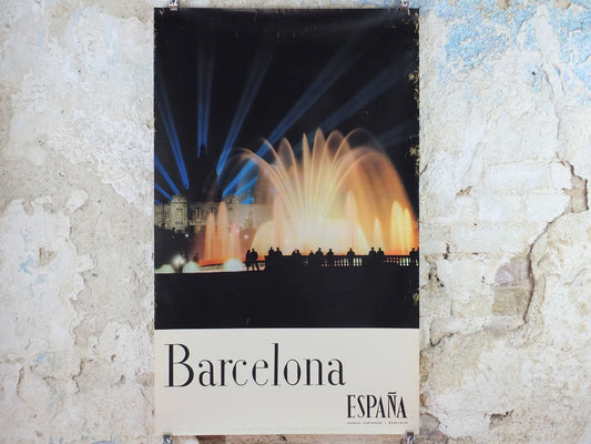 1960s Barcelona Espana Travel Poster, Magic Fountain of Montjuic, Vintage Spanish, Spain travel tourism, holiday vacation, wall art decor