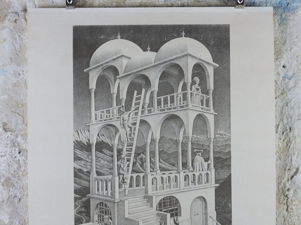 1958 Vintage M.C. Escher Poster, Belvedere, Surrealism Dutch print from Cordon Art from Baarn Holland, wall art decor