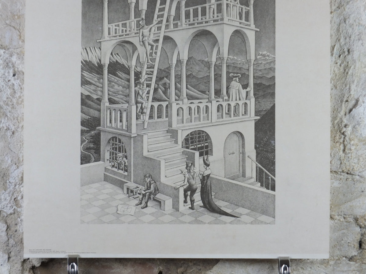 1958 Vintage M.C. Escher Poster, Belvedere, Surrealism Dutch print from Cordon Art from Baarn Holland, wall art decor