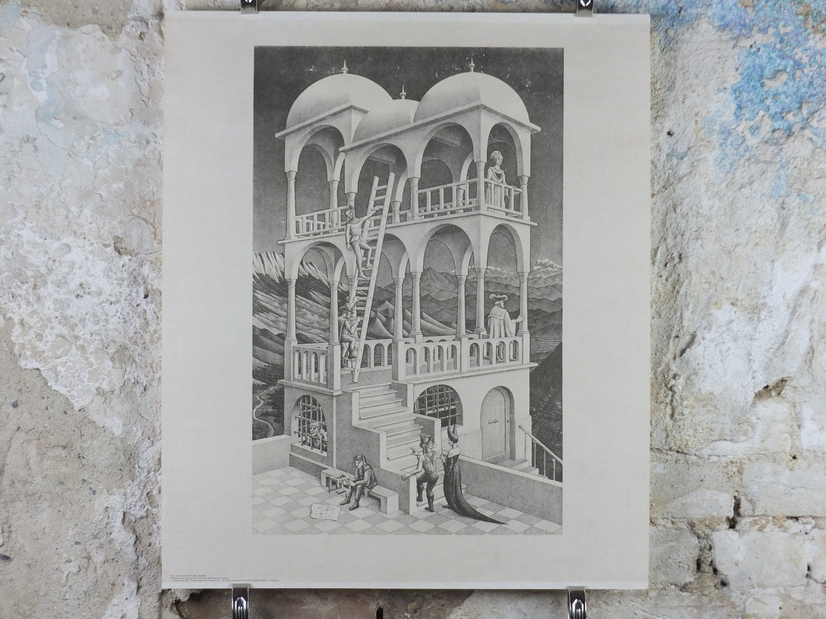 1958 Vintage M.C. Escher Poster, Belvedere, Surrealism Dutch print from Cordon Art from Baarn Holland, wall art decor