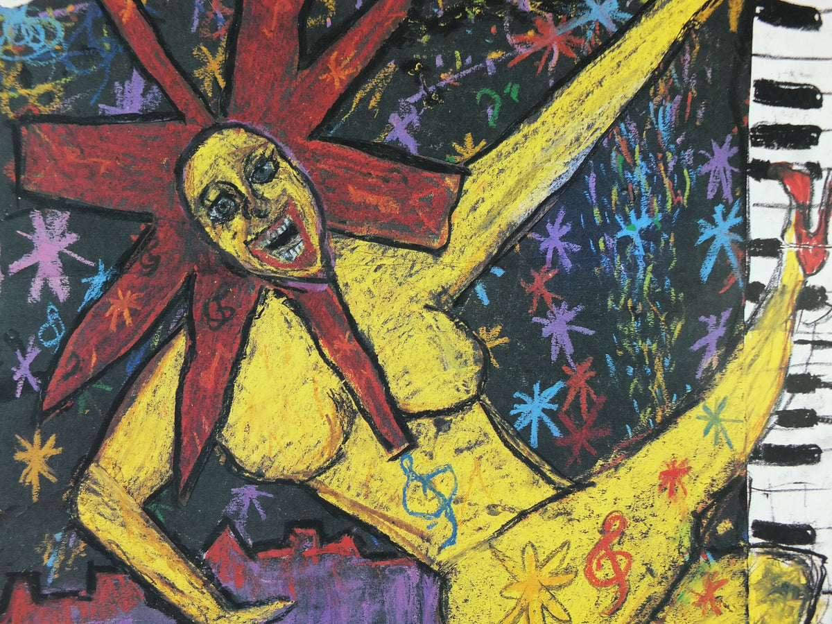 1994 Edinburgh Festival Fringe Poster, Arts Festival, dancing girl, sun, piano, artwork by Paul Kennedy, wall art decor