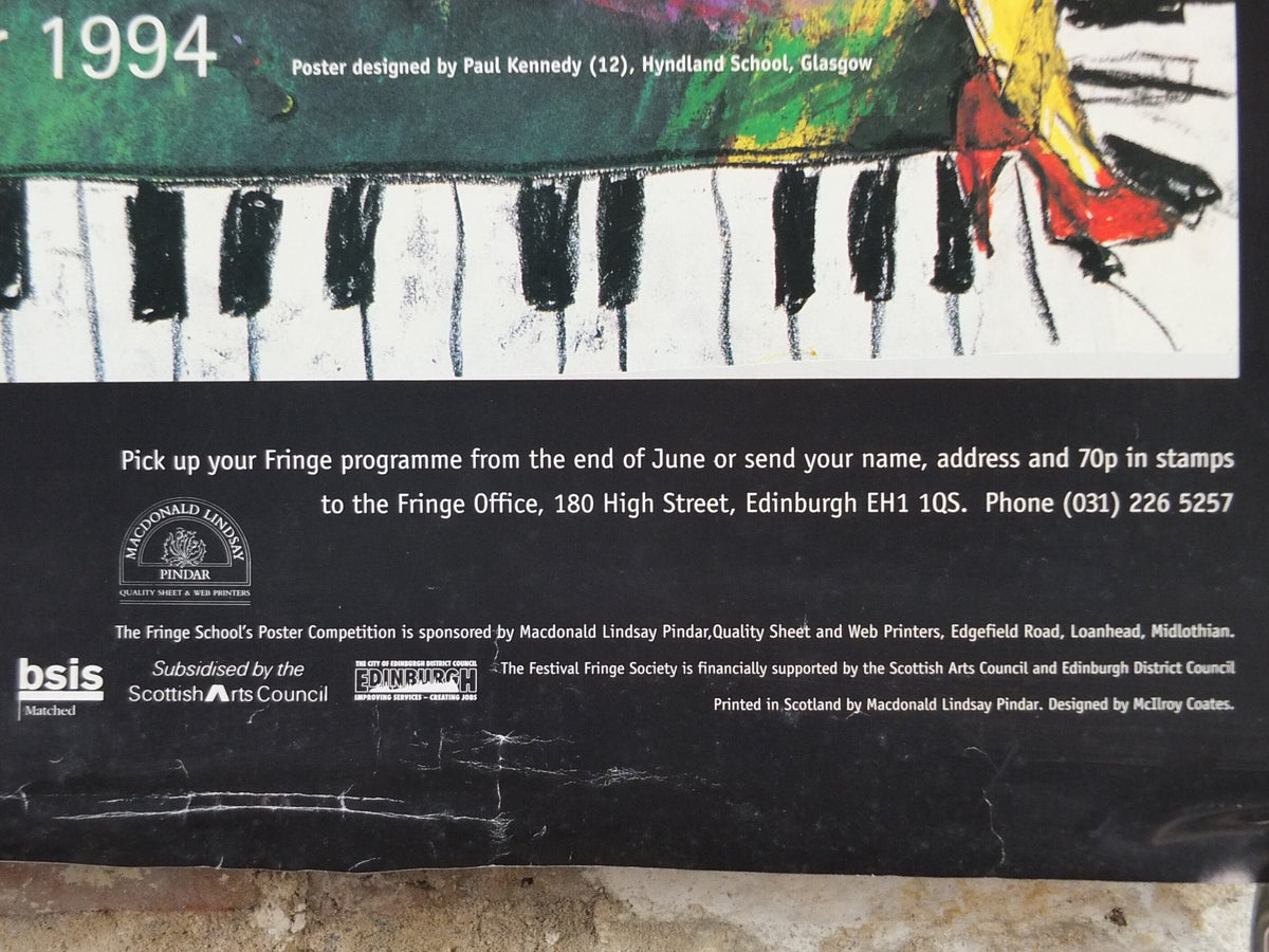 1994 Edinburgh Festival Fringe Poster, Arts Festival, dancing girl, sun, piano, artwork by Paul Kennedy, wall art decor