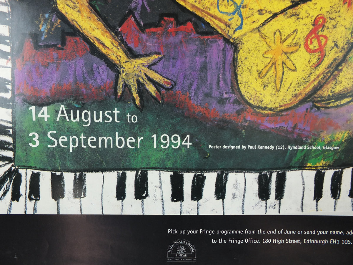 1994 Edinburgh Festival Fringe Poster, Arts Festival, dancing girl, sun, piano, artwork by Paul Kennedy, wall art decor