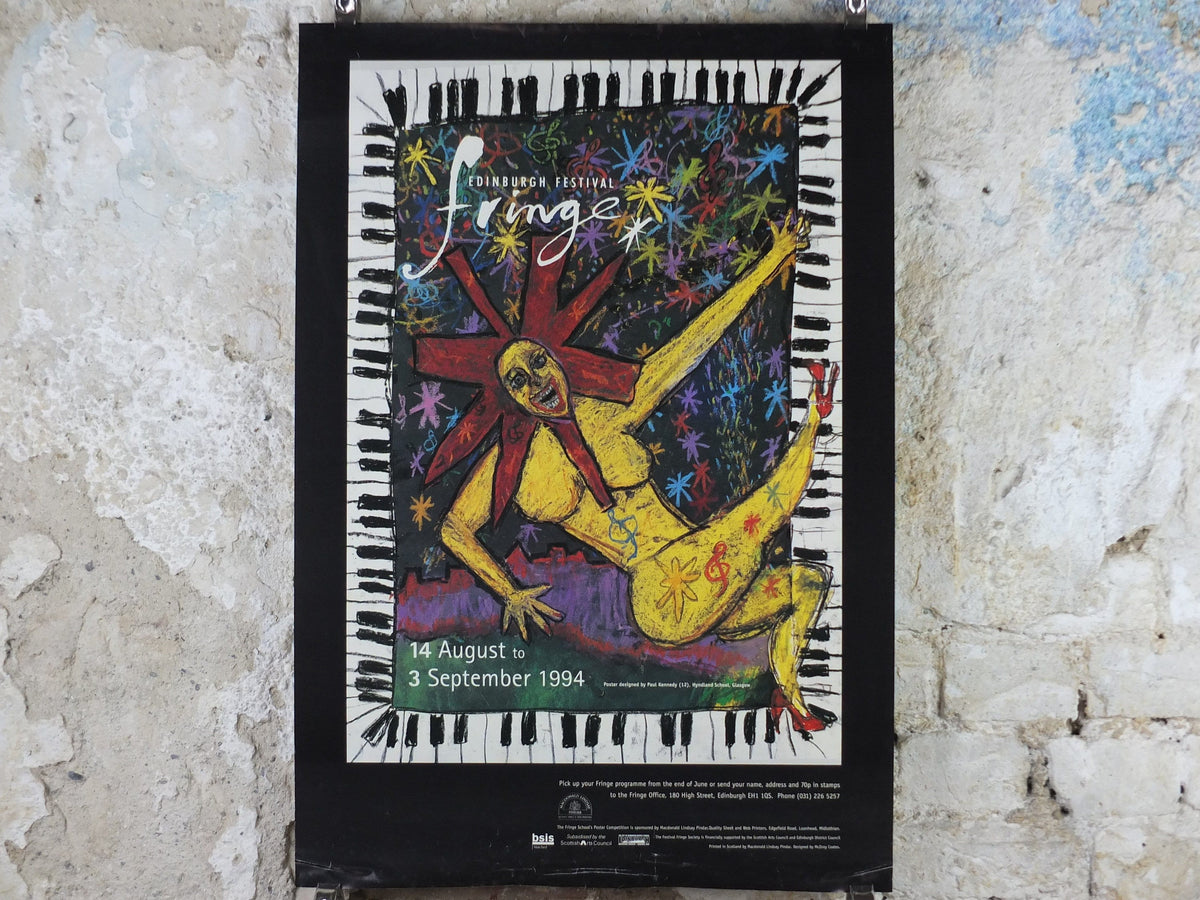 1994 Edinburgh Festival Fringe Poster, Arts Festival, dancing girl, sun, piano, artwork by Paul Kennedy, wall art decor