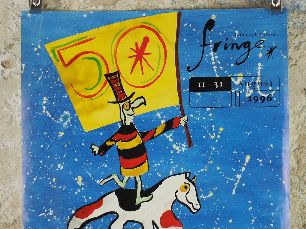 1996 Edinburgh Festival Fringe Poster, Arts Festival, man and horse on tightrope, artwork by Dawn Exley, wall art decor