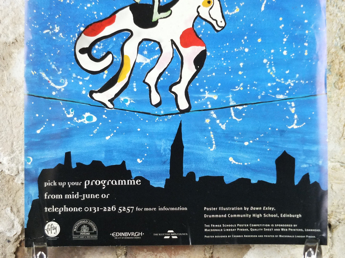 1996 Edinburgh Festival Fringe Poster, Arts Festival, man and horse on tightrope, artwork by Dawn Exley, wall art decor